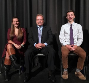 Jeffrey Barnhart, president and CEO of Creative Marketing Alliance, is pictured with two seniors from Hopewell Valley Central High School moments before he was introduced to the student body as a Distinguished Graduate on October 20.